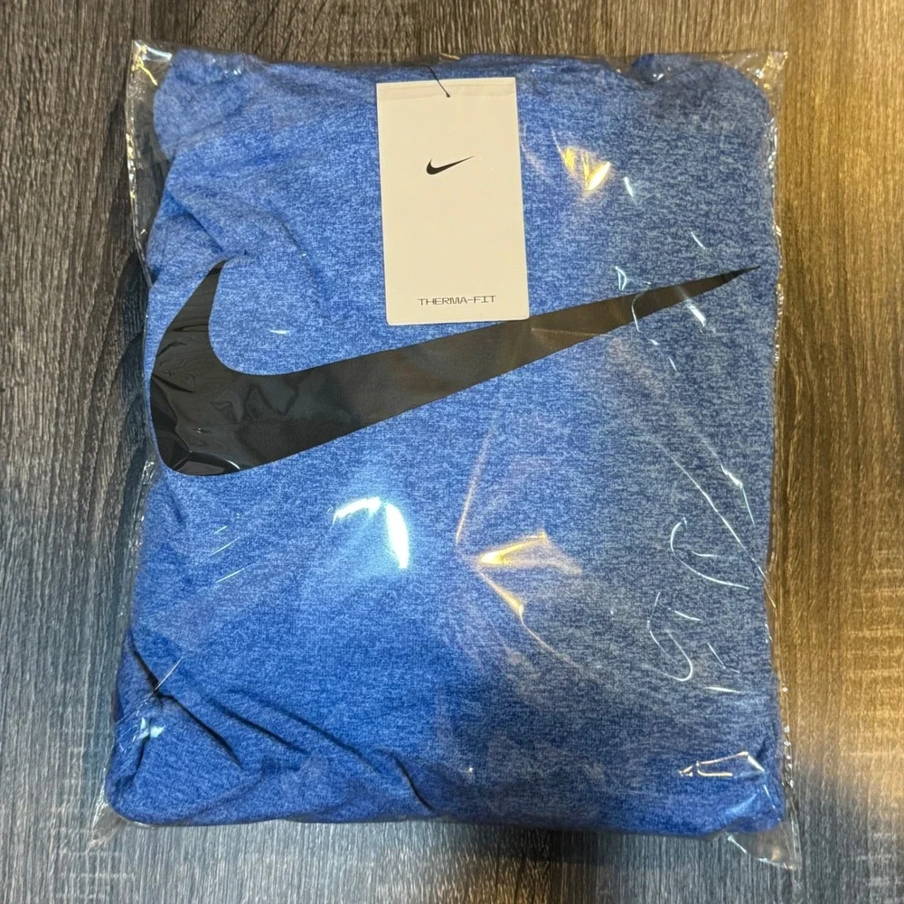 NWT Nike Therma Fit Mens Training Hoodie Blue Swoosh Logo Zipper Pocket Size M &